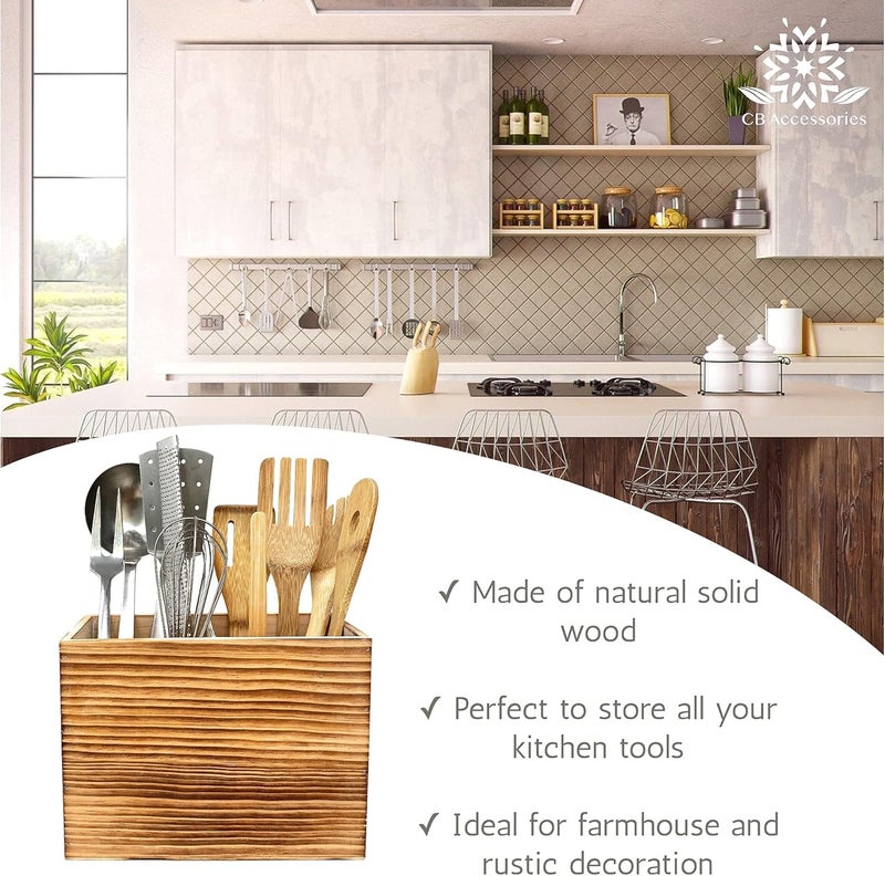 CB Accessories Wood Utensil Holder for Kitchen Counter - 2 Compartment Large Utensil Crock Organizer for Countertop - Tool Holder for Spatula - Farmhouse Decor - Image 4